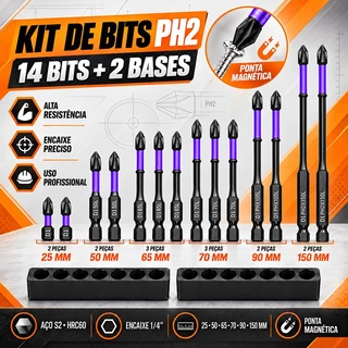 16 Pcs Chaves Bit PH2 Magnética Chave De Fenda Broca Auto Impacto Antiderrapante