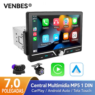 VENBES Central Multimídia 1 Din 7 Pol CarPlay Android Auto Bluetooth MirrorLink USB Rádio MP5