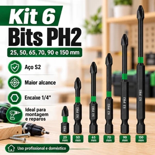 Kit 6 bits Phillips PH2 magnéticos aço S2 anti-impacto antiderrapante, encaixe sextavado 1/4 para parafusadeira