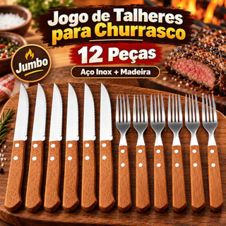 Jogo de Talheres para Churrasco 12 Peças Jumbo, Garfo e Faca em Aço Inox com Cabo de Madeira