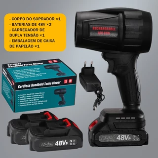 Soprador Turbo Portátil | Ventilador de alta potência 48V, versão preta, Kit com 2 Baterias e Caixa de Papelão