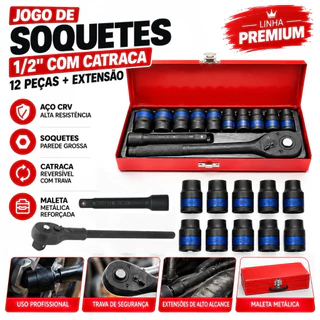 Kit Chave Catraca SOCKET SET 1/2" 12 Peças fosfatização Resistente a Corrosão Alto Torque para Reparo Automotivo