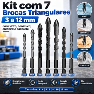 kit 7 brocas de carboneto triangular titânio 3-12mm profissional para furadeira fura tudo cerâmica vidro madeira metal