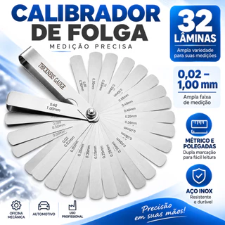Calibrador de Folga 32 Lâminas Aço Inoxidável 0,02 a 1,00mm