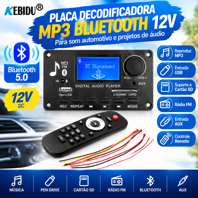 Placa Decodificadora DC 12V MP3 Player , Bluetooth 5.0 , Tela LCD WMA ...