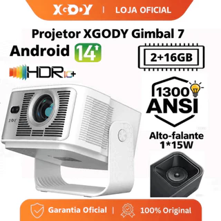 XGODY Projetor Gimbal 7, Brilho 1300ANSI, Foco Automático, Correção Inteligente, Android 14, Suporte 4K 8K, WiFi6, BT5.4
