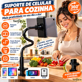 Suporte Celular Tablet com Grampo de Mesa Braço Flexível 120cm Pescoço de Ganso 360° Ajustável