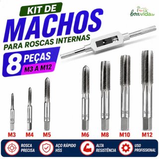 Jogo de Tarraxas Macho 8 Peças M3 a M12 - Kit para Abrir Roscas em Metal e Aço Ferramenta