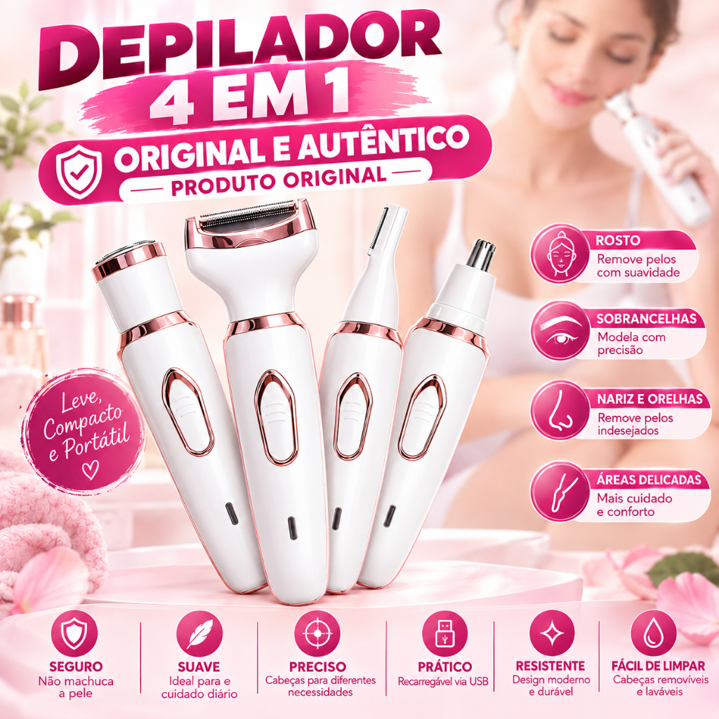 Depilador elétrico feminino 4 em 1, barbeador para remoção de pelos, corpo, pelos do nariz, pelos das axilas, barba reca