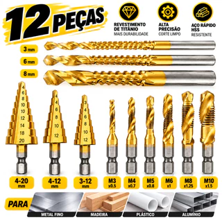 Kit 12 Brocas Titânio Escalonada Amarela Aço e Broca Corte Lateral Marcador Punção