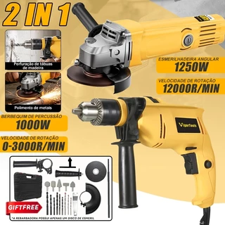【110/220V】Furadeira de Impacto 1000W e Esmerilhadeira Angular 1250W e caixa plástica Com Acessórios~