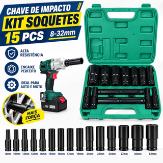 Kit 15 Peças Conjunto de Soquete de Impacto Longo 1/2 8 a 32 mm