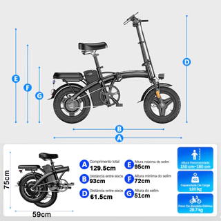 Bicicleta Elétrica Dobrável 500W 48V Bateria de Lítio Removível Até 35km/h Autonomia 30km Freio a Disco