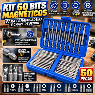 Kit 50 Peças de Bits Magnéticos em Aço para Parafusadeira – Jogo de Pontas e Ponteiras para Reparos e Manutenção