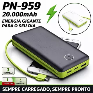 Carregador Portátil Bateria Power Bank 20000mAh PN-959 3 Entradas USB