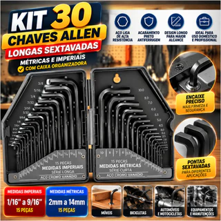 Kit Chaves Allen 30 Peças Aço Cromo Vanadium Milímetro E Polegada Formato L Profissional