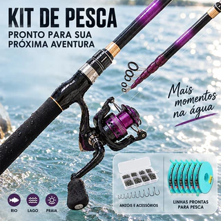 Kit de Pesca Completo Vara de Pesca + Molinete, Anzóis e Linhas Prontas para Rio, Lago e Praia