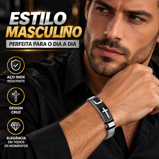 Pulseira Masculina Cruz Aço Inox 316L Ajustável Fecho Magnético Malha Milanesa Premium Presente Homem