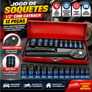 Kit Chave Catraca SOCKET SET 1/2" 12 Peças fosfatização Resistente a Corrosão Alto Torque para Reparo Automotivo