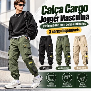 Calça Cargo Jogger Masculina, Streetwear Casual Com Bolsos Utilitários, 3 Cores Disponíveis