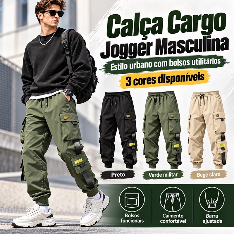 Calça Cargo Leve Para Homens, Ajuste Confortável, Cintura Elástica E Punhos
