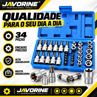 JAVORINE Kit 34 Pçs Soquetes Torx e Estriados 1/4" e 3/8" Conjunto Ferramenta Profissional C/Estojo