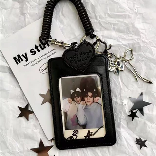 Versão coreana titular do cartão de couro preto 10cm Polaroid Photocard Display titular do cartão de identificação do es
