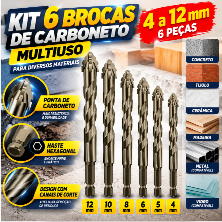 Kit 6 Brocas de Carboneto Haste Hexagonal 4 a 12mm para Furadeira