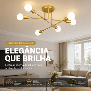 Luminária Decorativa de Teto Formato Ramificado 6 Soquetes E27 Bivolt 110/220V Estilo Nórdico para Ambientes Internos