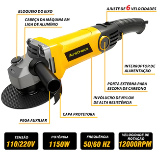 Esmerilhadeira e Lixadeira Angular Elétrica 1150w - 12000rpm 115mm Multifunções 6 Velocidades