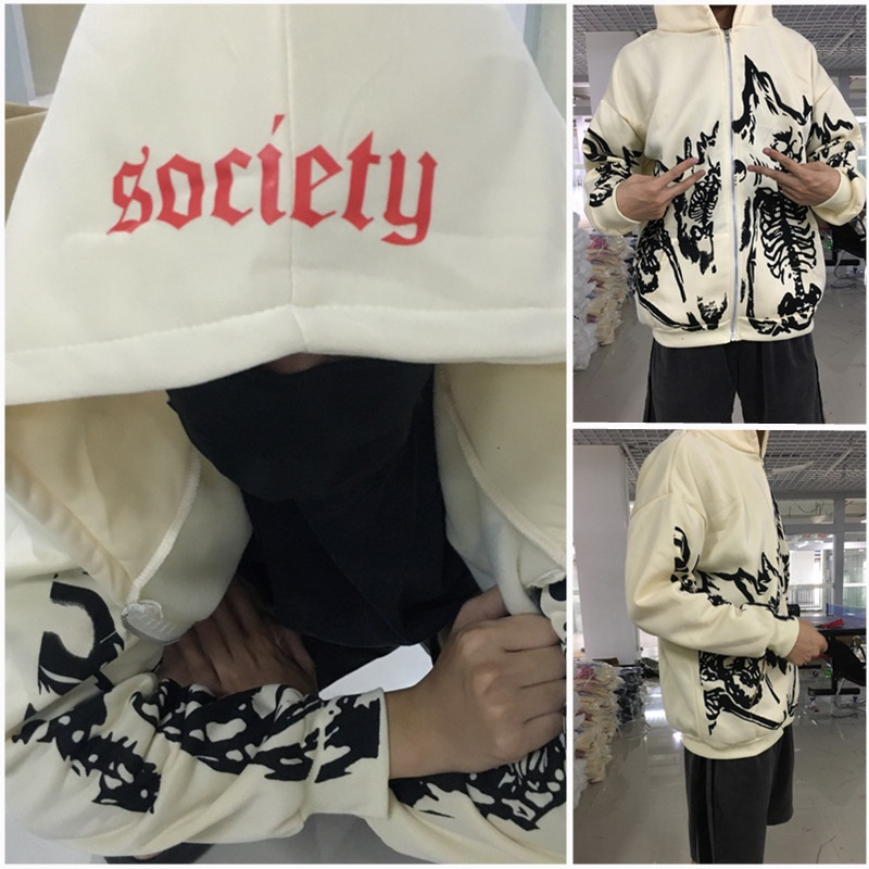 Unissex Y2k Padrão Bordado Zip Hoodie Hip Hop Solto Cor Sólida