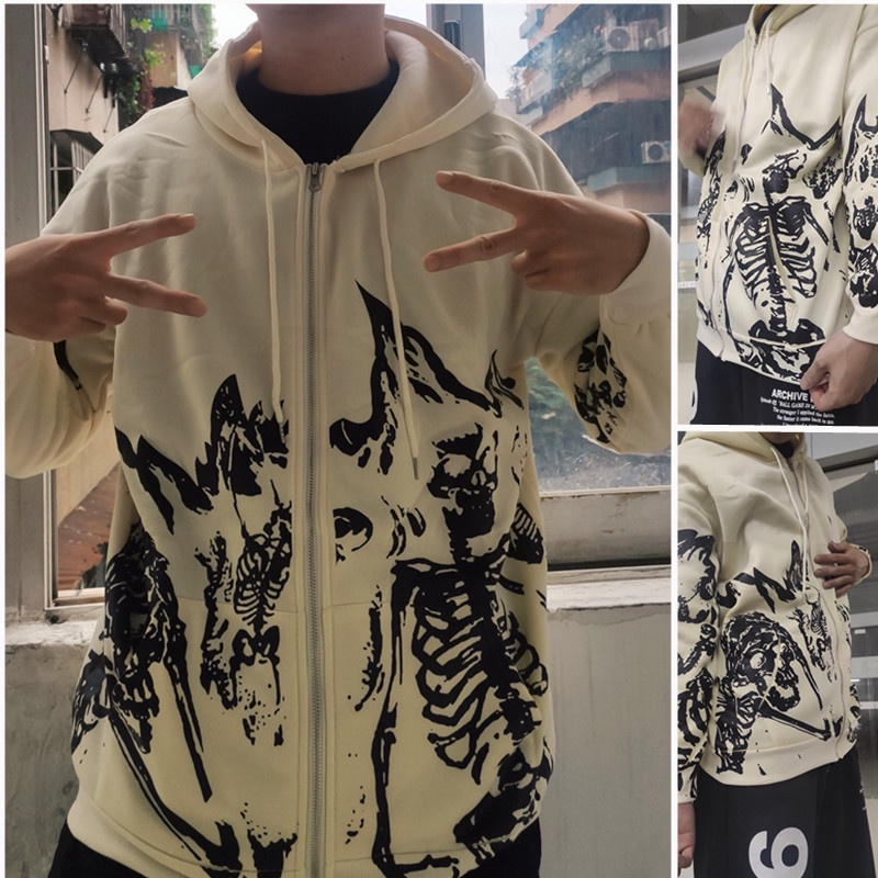 Unissex Y2k Padrão Bordado Zip Hoodie Hip Hop Solto Cor Sólida