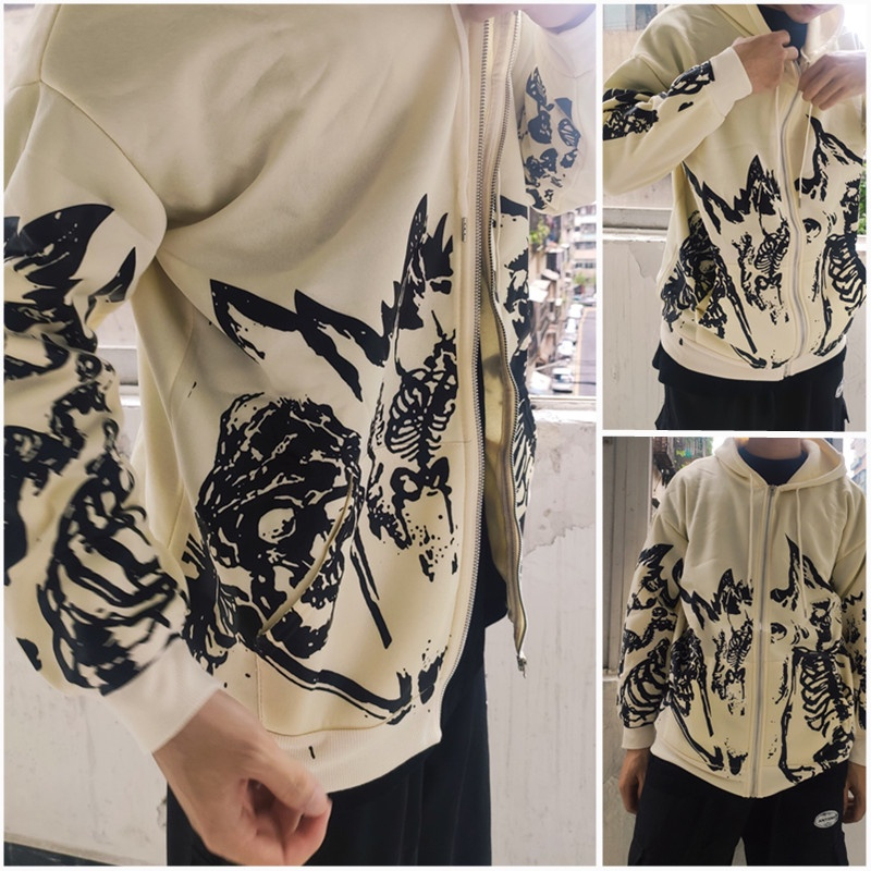 Unissex Y2k Padrão Bordado Zip Hoodie Hip Hop Solto Cor Sólida