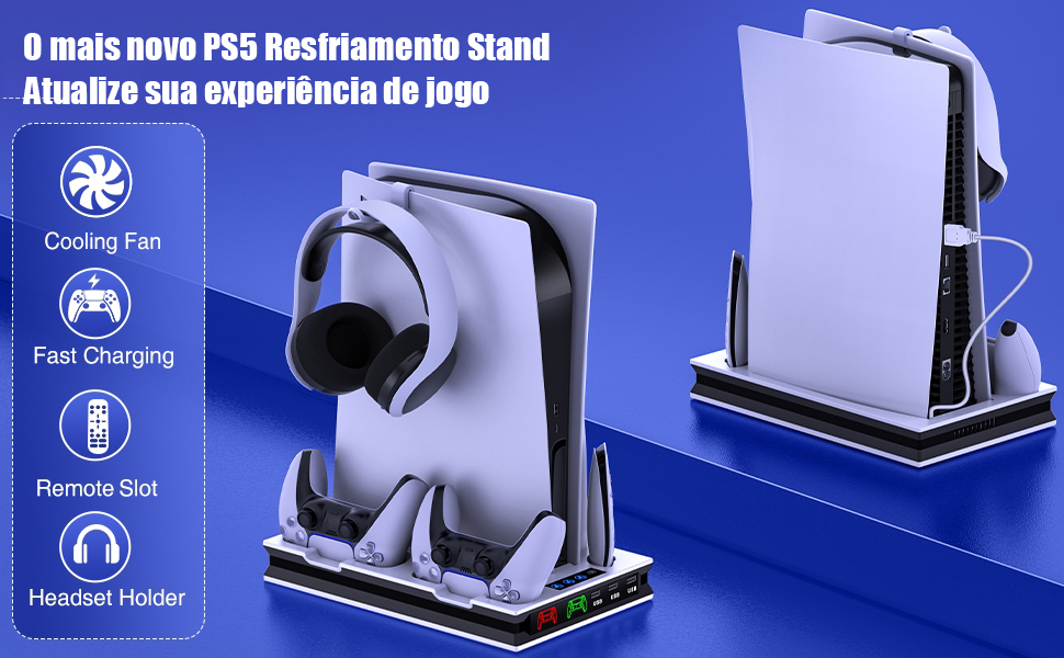 Suporte PS5 e estação de resfriamento com estação de carregamento de  controle duplo para console Playstation 5, acessórios PS5 incl. Carregador  do controlador, ventoinha, suporte para fone de ouvido : :  Games