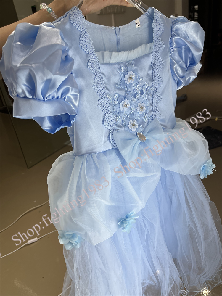 WonderBabe vestido de seda para meninas vestido de Cinderela festa  aniversário show carnaval vestido saia tutu com terno azul de seis peças  P003-130