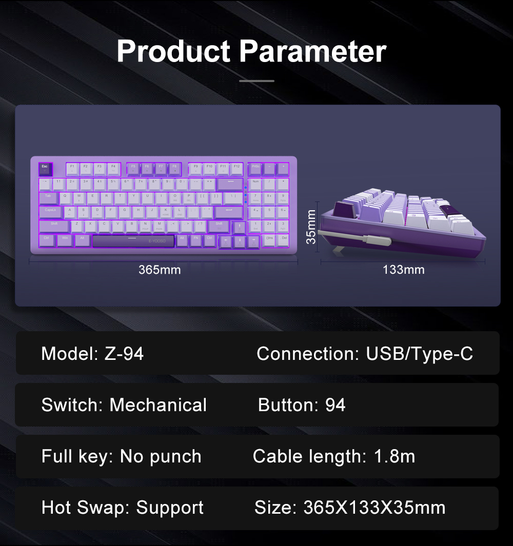 E-YOOO-Z19 USB Teclado mecânico para jogos, 94 teclas, cabo com