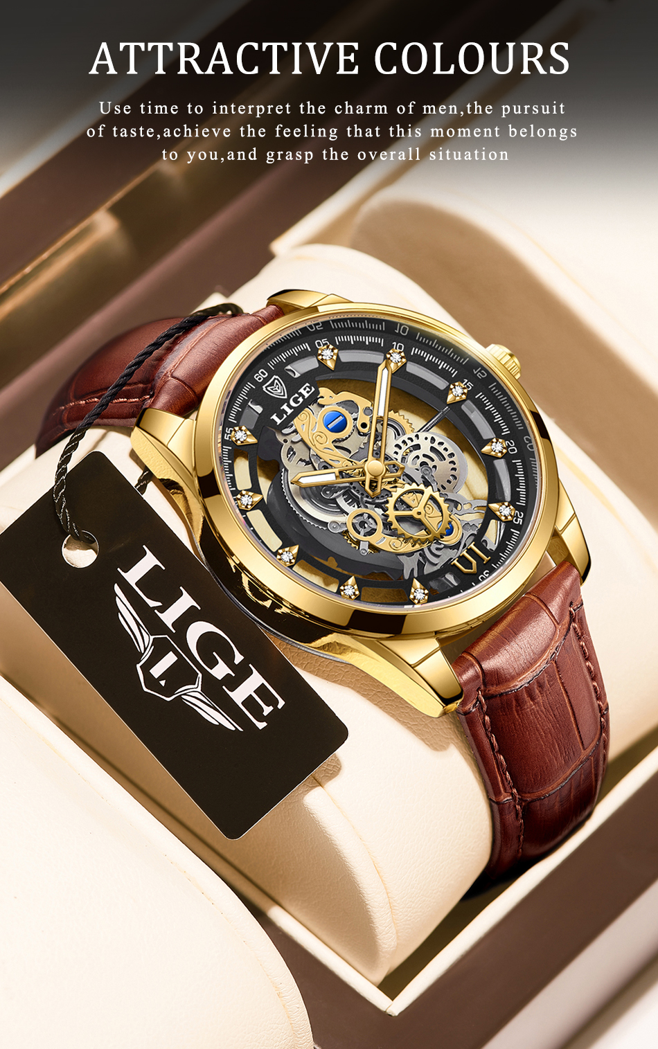 LIGE relogio masculino Moda Casual Couro a prova d água Hollow Out