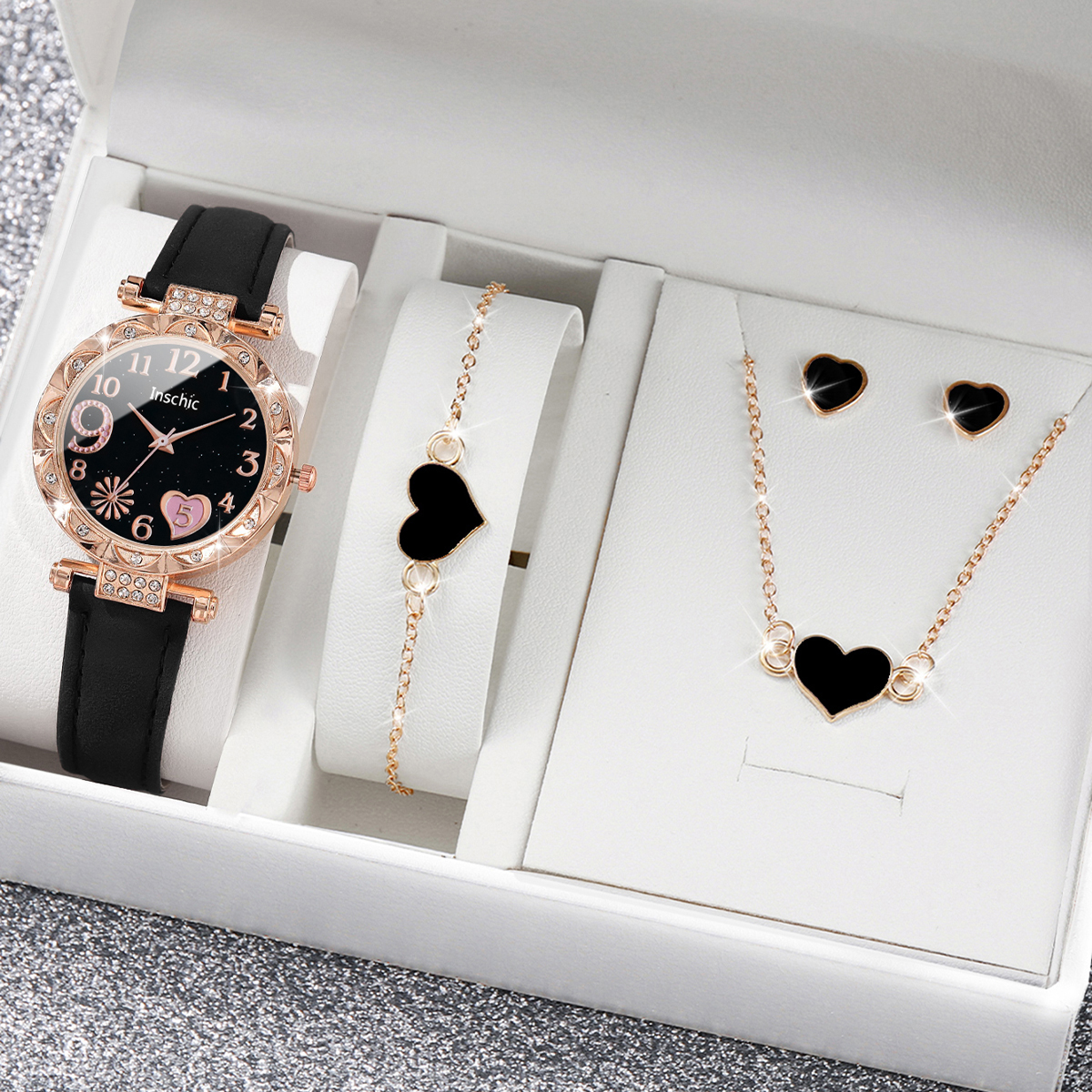 Relógio Fashion Diamond Ladies Watch Heart Shape Belt Quartzo + Conjunto de  Jóias do Amor