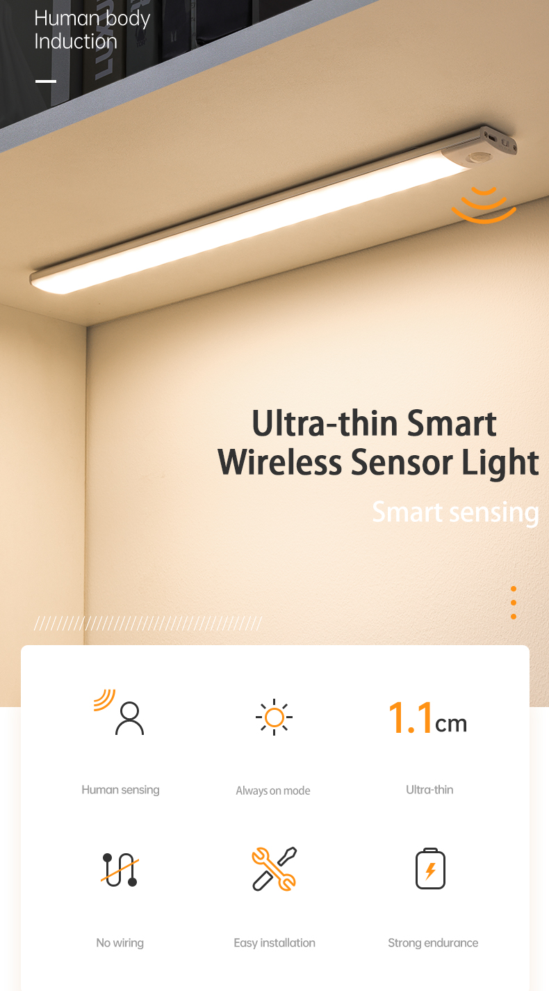 Sensor de movimento de 3 cores LED TYPE-C recarregável magnético fino ...