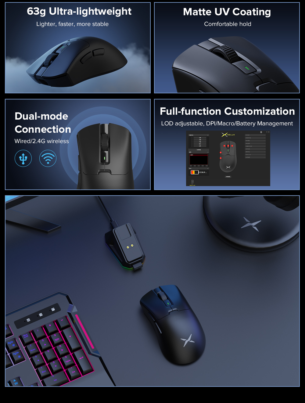 Delux M900 PRO PAW3395 Mouse Para Jogos DPI MAX 26000 Com Fio 2.4G Sem ...