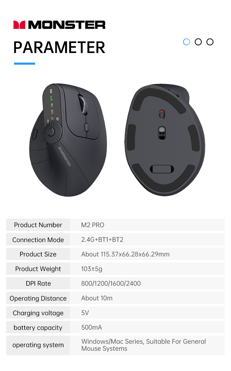 Monster M2 PRO Mouse Sem Fio 2.4G Bluetooth Compatível Com Vários ...