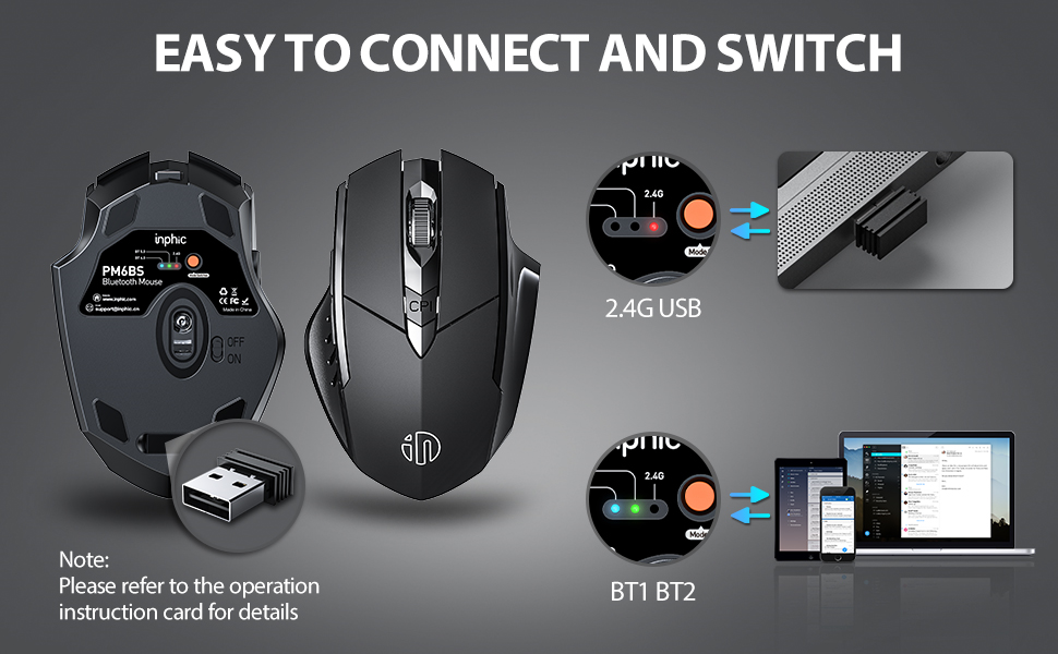 INPHIC Mouse Sem Fio 2.4G Bluetooth Silent Recarregável DPI Ajuste ...