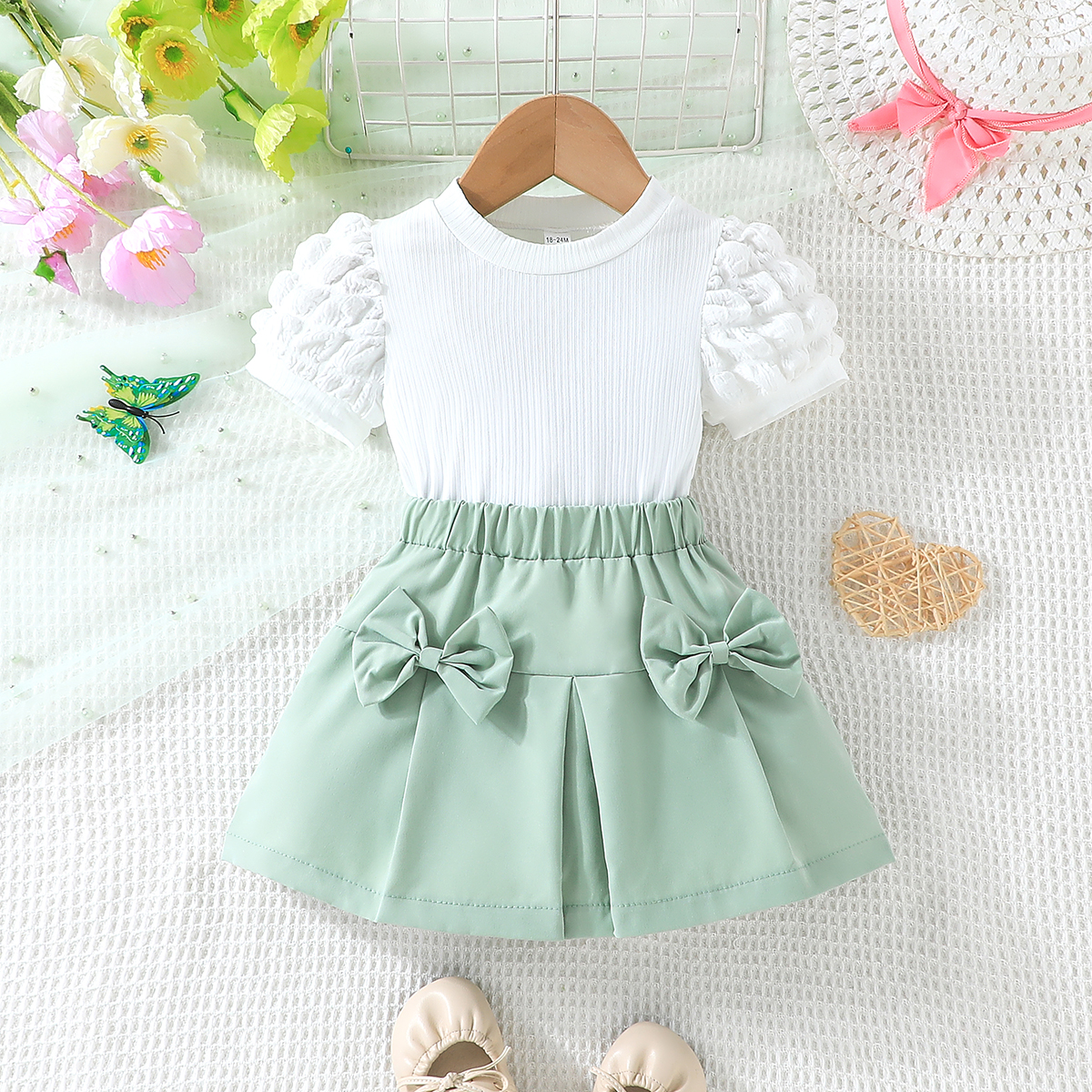Conjunto Roupa Infantil Menina 2-7 anos Verão Manga Bufante Blusa E ...