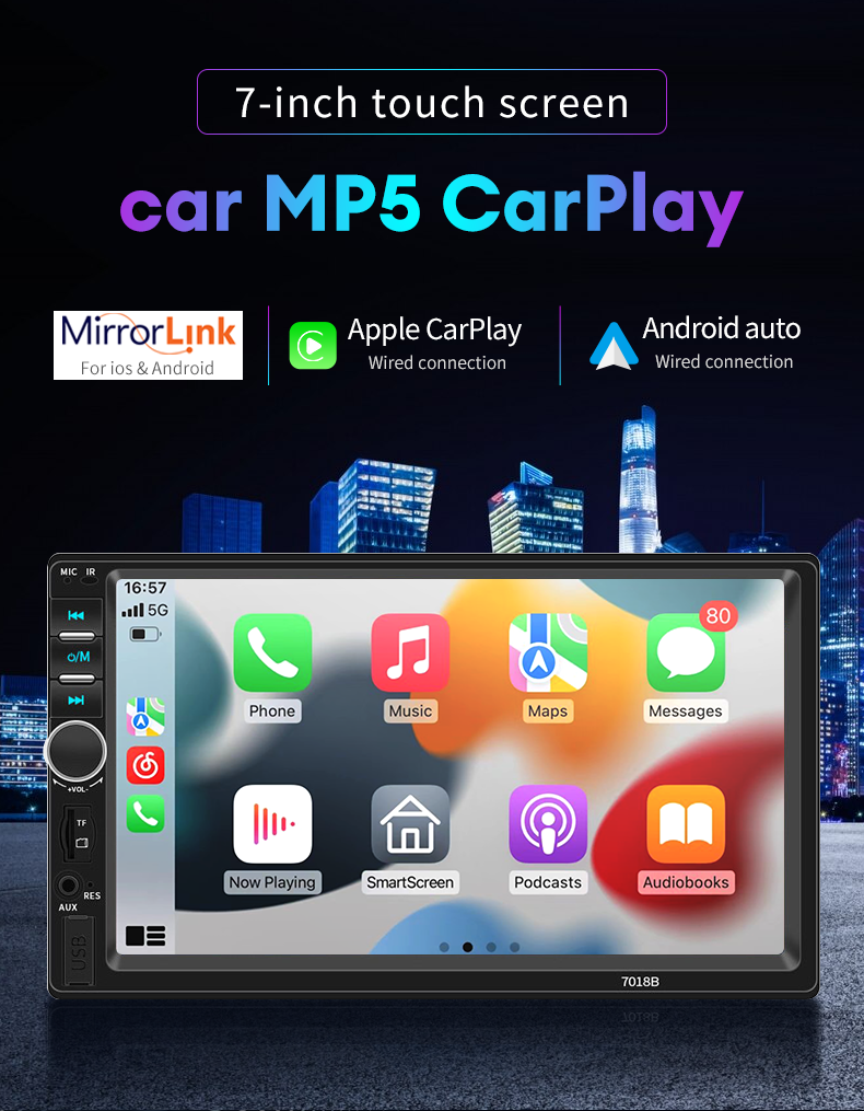 2DIn 7'Estéreo Carplay Android Auto Radio Multimedia Player BT Mirror