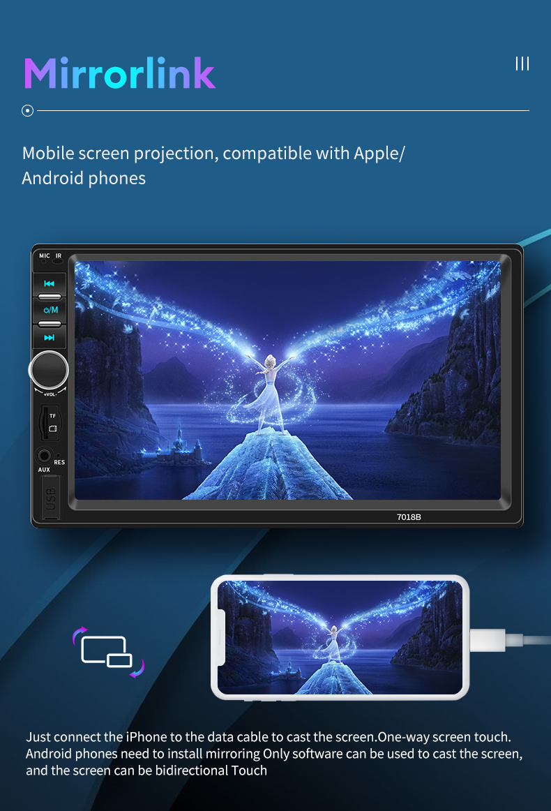 2DIn 7'Estéreo Carplay Android Auto Radio Multimedia Player BT Mirror