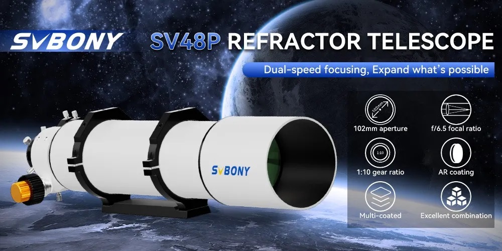 Télescope Svbony SV48P 102/665 - Ouverture 102mm F/6.5 - Double Vitesse - Pour Astronomie Débutant