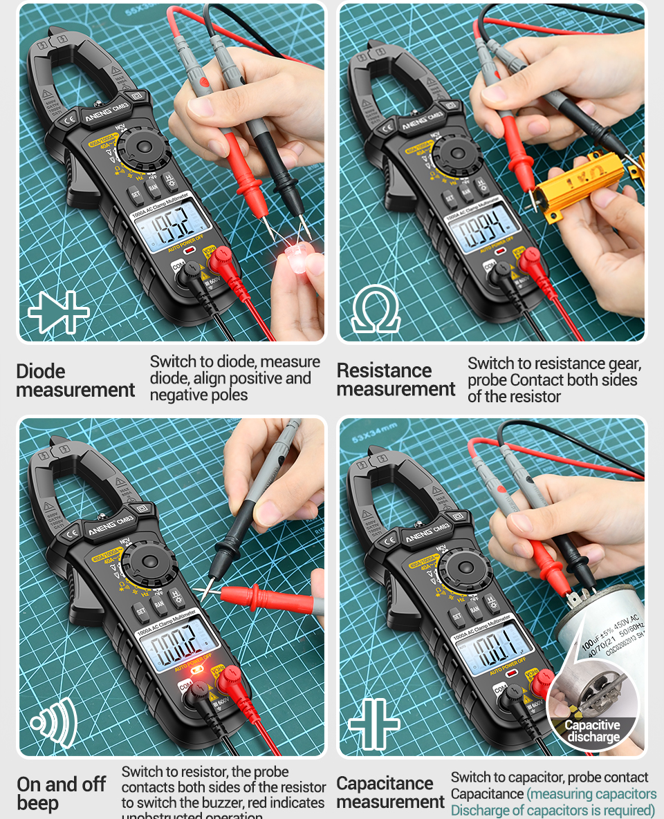 ANENG CM83 Pinça Amperimétrica Digital 1000A AC Capacitância De ...