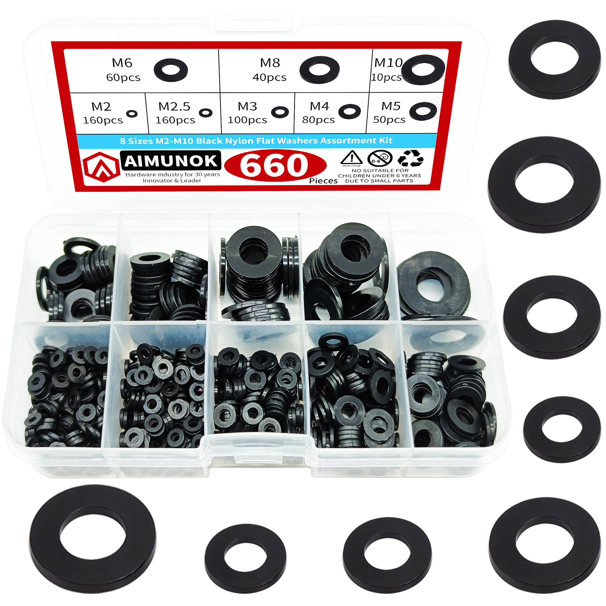 Lot De 500 Rondelles En Nylon Noir M2 M2.5 M3 M4 M5 M6 M8 M10 Avec Étui