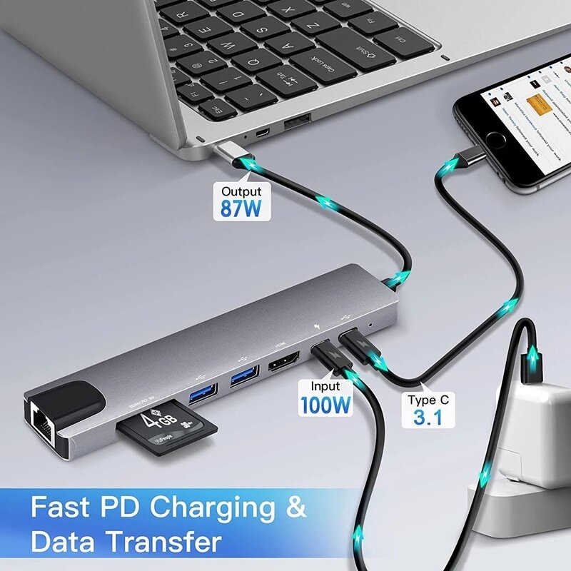 Hub USB Tipo C 8 Em 1 3 0 Para 2.0 3.0 HDMI 4K RJ45 Rede SD TF Docking ...