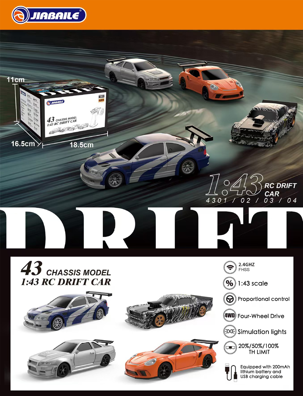 1/43 2.4G Mini RC Drift Carro 4WD Acelerador Proporcional